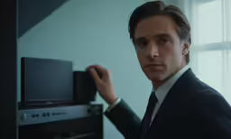 a man in a suit is fixing an entertainment system