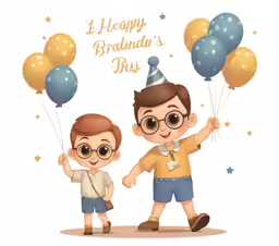 a man is giving a boy balloons and congratulations on his birthday