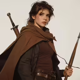 the woman in the brown cloak is holding two large swords