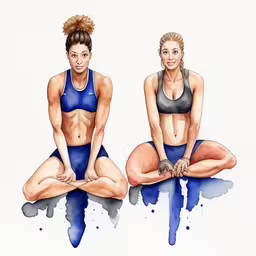 two women with very big butts in yoga suits,two women sitting in the middle of their stomachs, each wearing blue bikini,two women sitting in yoga postures in blue,two women sitting on the floor next to each other,the two women are sitting in a pose with the watercolor paint staining behind them