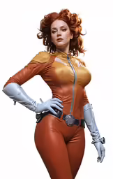 a woman in a suit is standing on a white surface