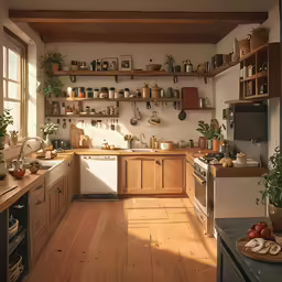 this kitchen has open shelvings and wooden floors