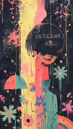 an artistic piece of art that looks like someone with umbrellas