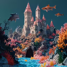 fish swim in water surrounding a castle with orange, yellow and blue colors