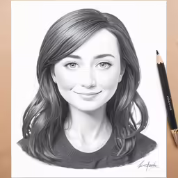 a drawing of a woman with bangs and blue eyes
