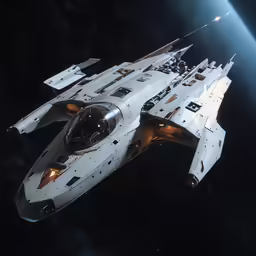 a futuristic space ship with two lights on and some clouds