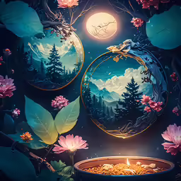 reflection of a full moon with trees on it is displayed next to a lit candle