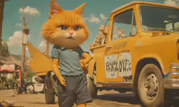 the cat with glasses is walking near an orange truck