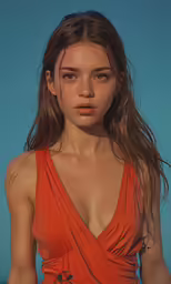 a woman with long brown hair and wearing an orange top is holding her arms up
