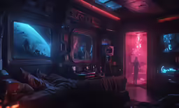 a room with neon light in the ceiling and tvs