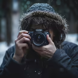 a woman holding a camera taking a photo