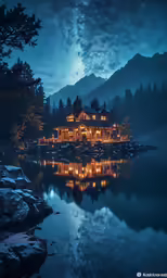 a house is on a rocky shore surrounded by trees and water