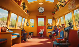 a yellow and red cabin with three people in chairs,people sit on seats inside a decorated bus