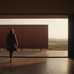 the back view of a woman walking by a wall