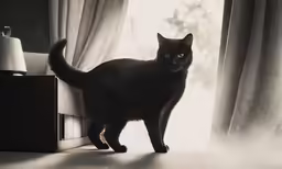a cat is standing on top of a doormat