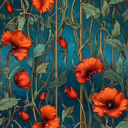 flowers on stems, branches, and leaves with a dark blue background
