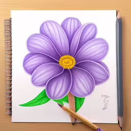 a drawing of a purple flower with a green leaf in it,a painting with purple flowers painted in yellow on top