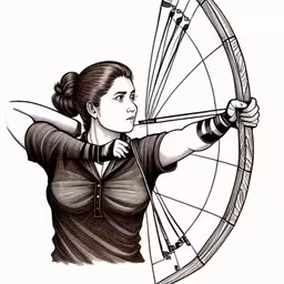 the artist depicts a woman shooting an arrow with her bow,a woman with an arrow in the center of her body,a drawing of a woman holding a bow and arrow,a woman holding an arrow to her head,the illustration shows a woman holding up an arrow