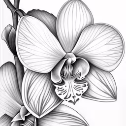 a black and white drawing of flowers with leaves,a drawing of two orchids in black and white