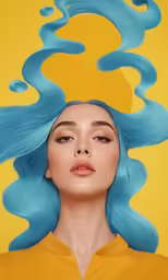 a woman with blue hair is wearing yellow shirt and looking at the camera