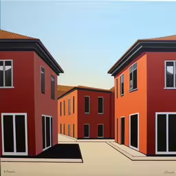 a rendering of some buildings with red roofs,an empty sidewalk near orange colored building with windows