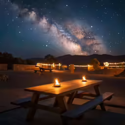 two wooden picnic tables are lit up by the night sky