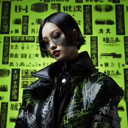 a female doll is wearing reflective eye glasses,a woman wearing an eyeglasses near a green wall