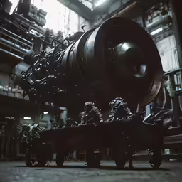 large engine being worked in an industrial factory