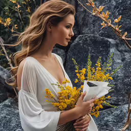 a woman holding some yellow flowers in her hands