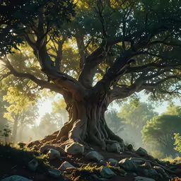 there is a very large, very old tree near the rocks