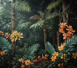 orange and yellow flowers in a tropical forest setting