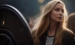 the woman in black jacket stands near a bench and looks back