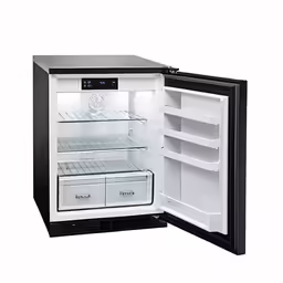 an open refrigerator that is empty on white