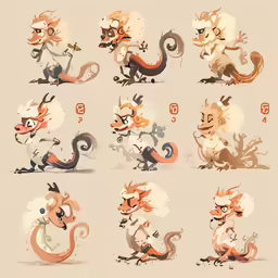 various stages of a cartoon creature with different poses