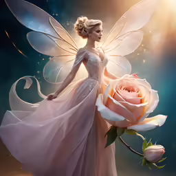 the fairy holds onto a pink rose with a butterfly wings