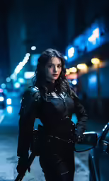 a woman dressed in black standing next to a car