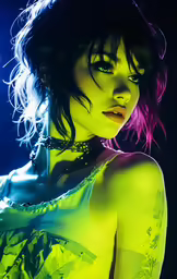 a young woman with tattoos and neon lights