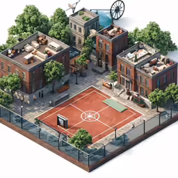 a 3d rendering of a mansion surrounded by trees and a court