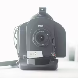 a photo of a camera with a white tag hanging off the top of it