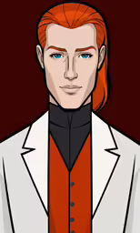 a drawing of a man with red hair and a beard in white shirt, tie, and jacket