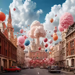 a view of a city street with several large clouds in the sky