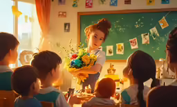a woman is holding flowers and sitting in front of children