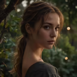 a beautiful young lady standing outside in the evening