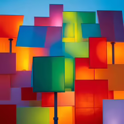 an abstract multicolored artwork piece is against a blue sky
