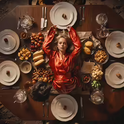 a table of food and plates with a woman in an orange bathrobe