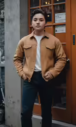 the man stands in front of an entrance in the city