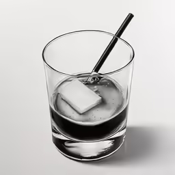 a glass filled with an ice cream and a black straw