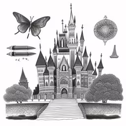 an artistic picture of the castle in black and white,the fairy castle and its surrounding is drawn with colored pencils