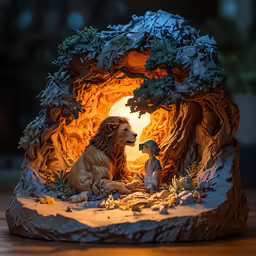 the light is shining on the lion and its cub