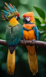 two colorful parrots perched on the branches of a tree